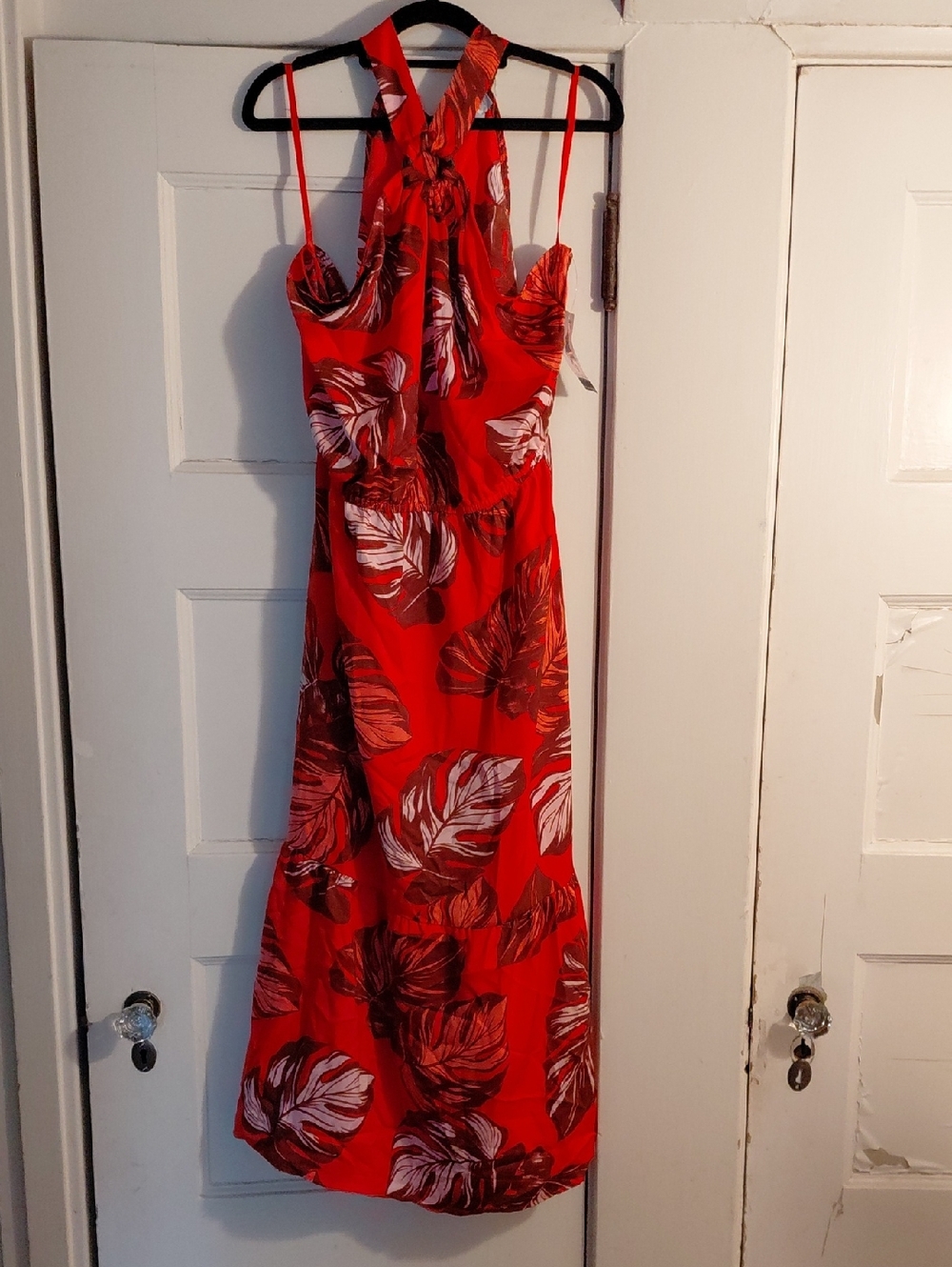 Red Tropical Halter Maxi Dress with Leaf Print